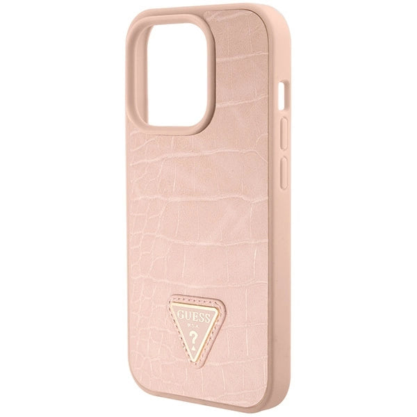 Guess Croco Triangle Metal Logo-hylster til iPhone 15 Pro - pink