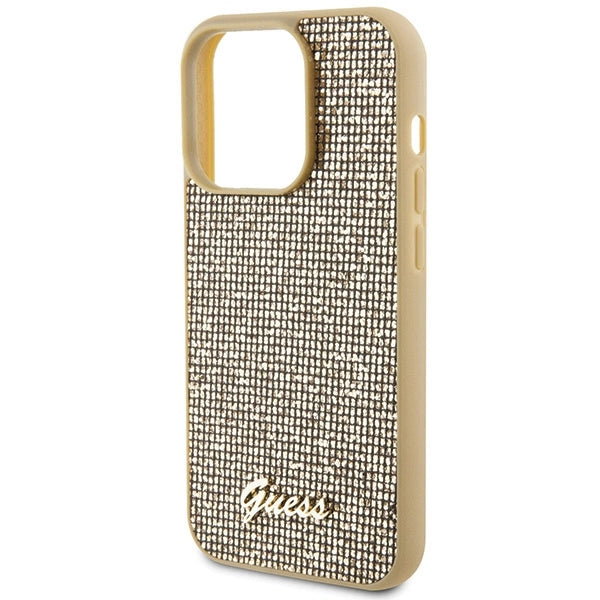 Guess Disco Metal Script-hylster til iPhone 15 Pro - guld