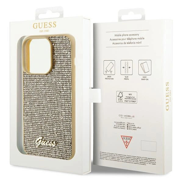 Guess Disco Metal Script-hylster til iPhone 15 Pro - guld