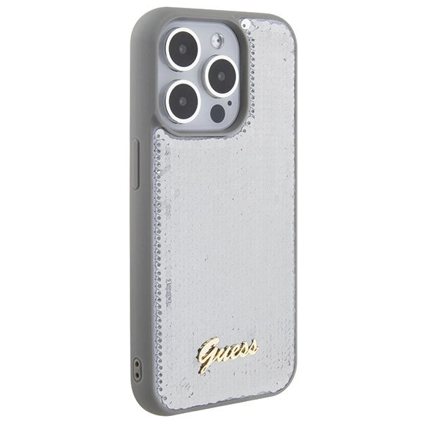 Guess Sequin Script Metallæske til iPhone 15 Pro - sølv