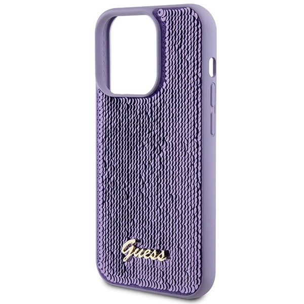 Guess Sequin Script Metallæske til iPhone 15 Pro - lilla