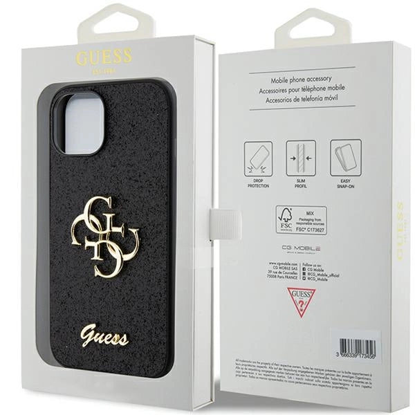 Guess Glitter Script Stor 4G-kasse til iPhone 15 - sort