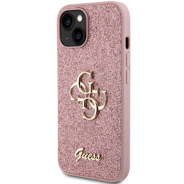 Guess Glitter Script Stor 4G-kasse til iPhone 15 - pink