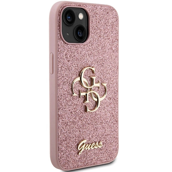 Guess Glitter Script Stor 4G-kasse til iPhone 15 - pink
