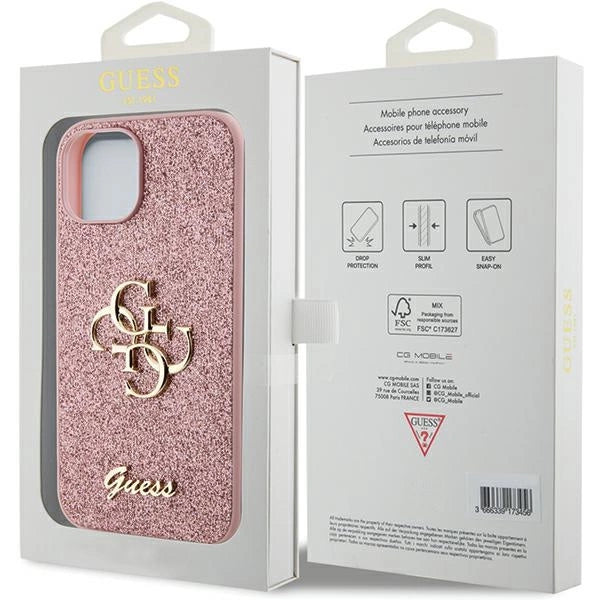 Guess Glitter Script Stor 4G-kasse til iPhone 15 - pink