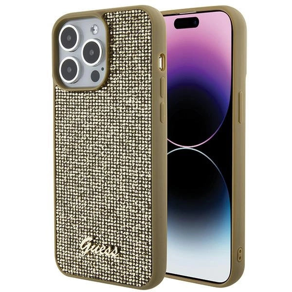 Guess Disco Metal Script-hylster til iPhone 15 Pro Max - guld