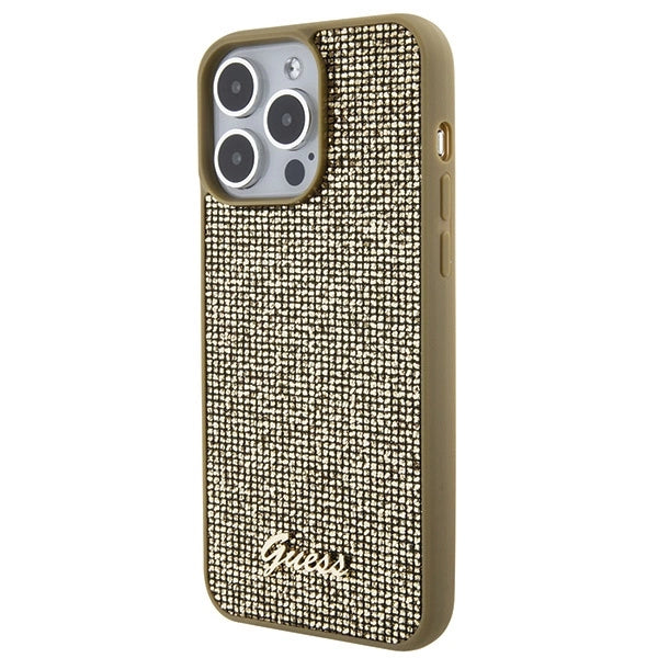 Guess Disco Metal Script-hylster til iPhone 15 Pro Max - guld