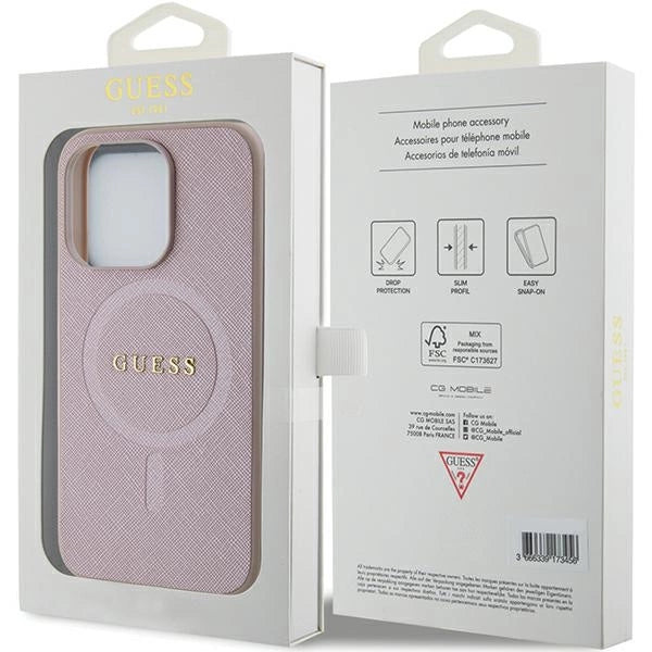 Guess Saffiano MagSafe-fodral til iPhone 15 Pro - pink