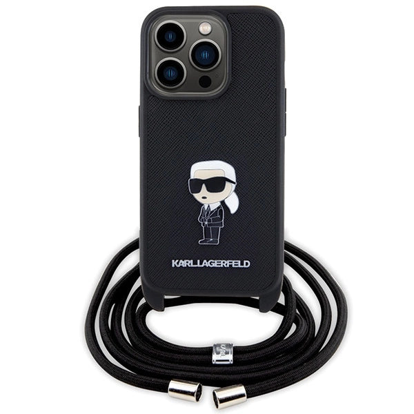 Karl Lagerfeld Crossbody Saffiano Monogram Metal Pin Karl & Choupette Case for iPhone 15 Pro - Black