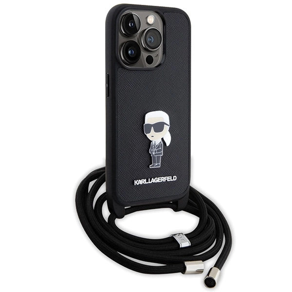 Karl Lagerfeld Crossbody Saffiano Monogram Metal Pin Karl & Choupette Case for iPhone 15 Pro - Black