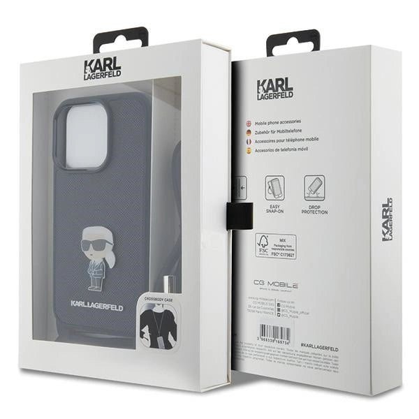 Karl Lagerfeld Crossbody Saffiano Monogram Metal Pin Karl & Choupette Case for iPhone 15 Pro - Black