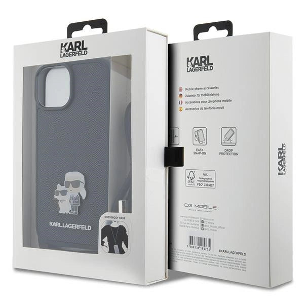Karl Lagerfeld Crossbody Saffiano Metal Pin Karl & Choupette case for iPhone 15 Plus - black