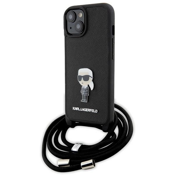 Karl Lagerfeld Crossbody Saffiano Monogram Metal Pin Karl & Choupette Case for iPhone 15 - Black