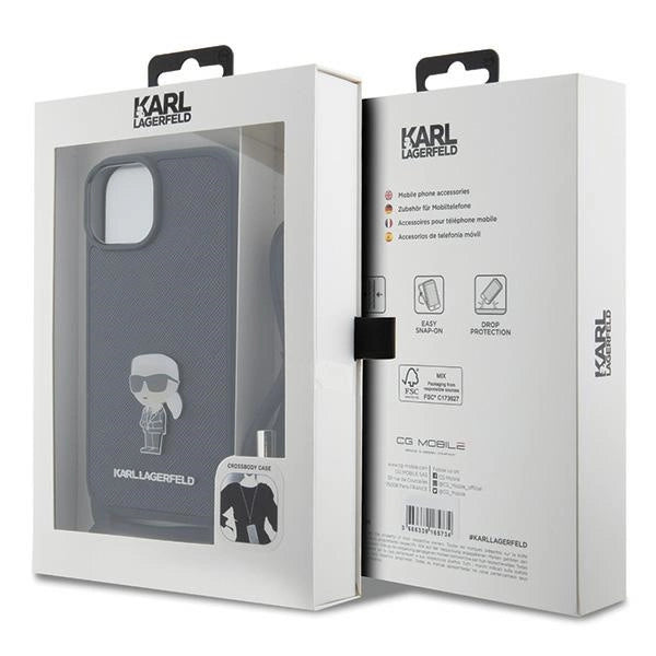 Karl Lagerfeld Crossbody Saffiano Monogram Metal Pin Karl & Choupette Case for iPhone 15 - Black