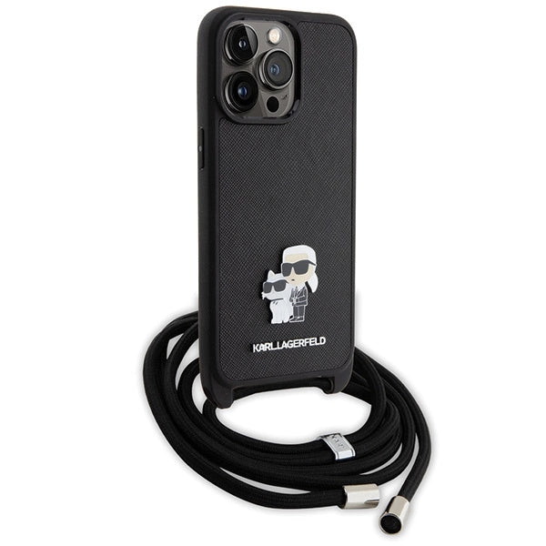 Karl Lagerfeld Crossbody Saffiano Metal Pin Karl & Choupette Case for iPhone 15 Pro Max - Black