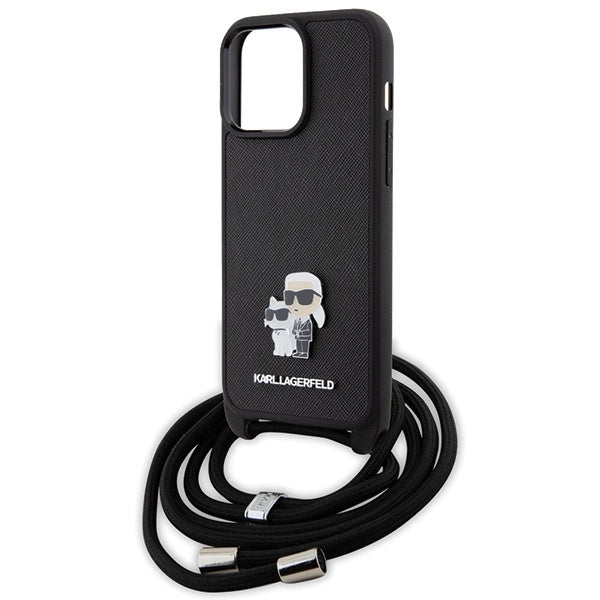 Karl Lagerfeld Crossbody Saffiano Metal Pin Karl & Choupette Case for iPhone 15 Pro Max - Black