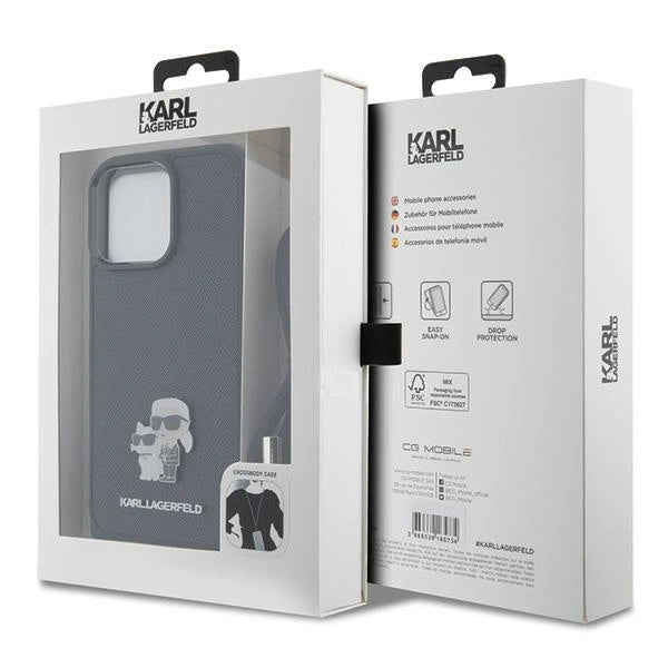 Karl Lagerfeld Crossbody Saffiano Metal Pin Karl & Choupette Case for iPhone 15 Pro Max - Black
