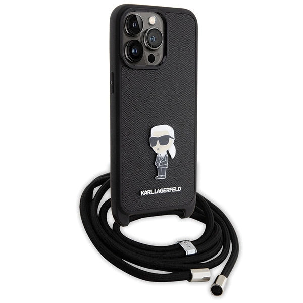 Karl Lagerfeld Crossbody Saffiano Monogram Metal Pin Karl & Choupette Case for iPhone 15 Pro Max - Black