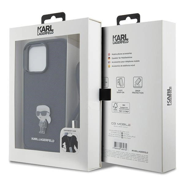 Karl Lagerfeld Crossbody Saffiano Monogram Metal Pin Karl & Choupette Case for iPhone 15 Pro Max - Black
