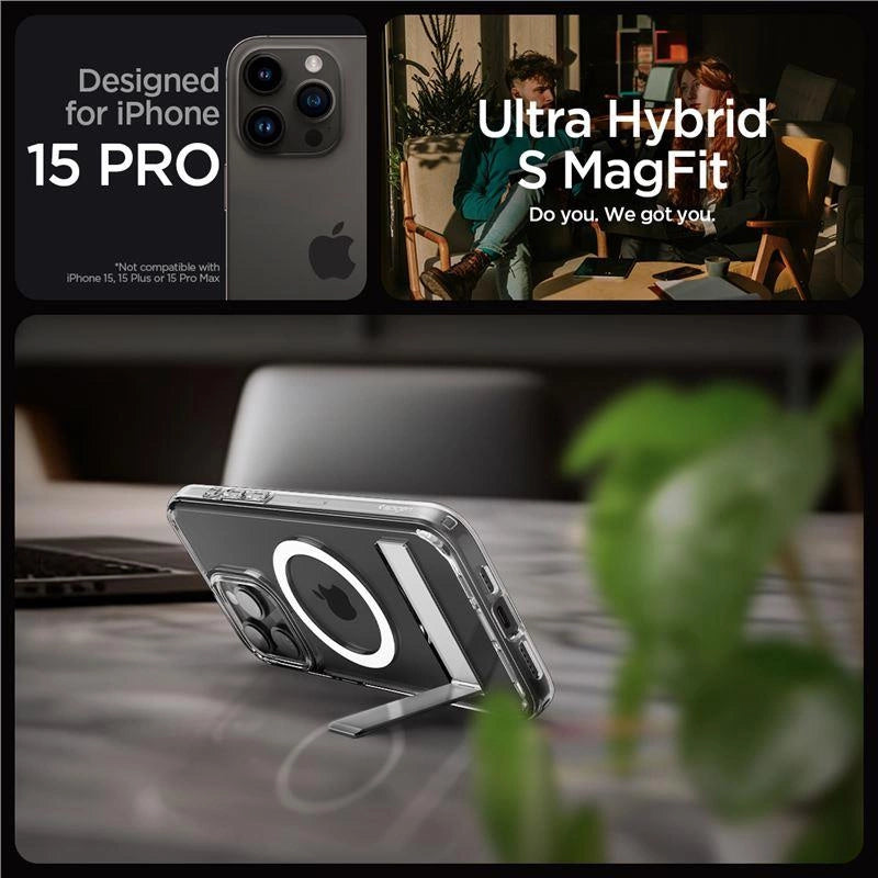 Spigen Ultra Hybrid S MagSafe Case with Stand for iPhone 15 Pro - Transparent