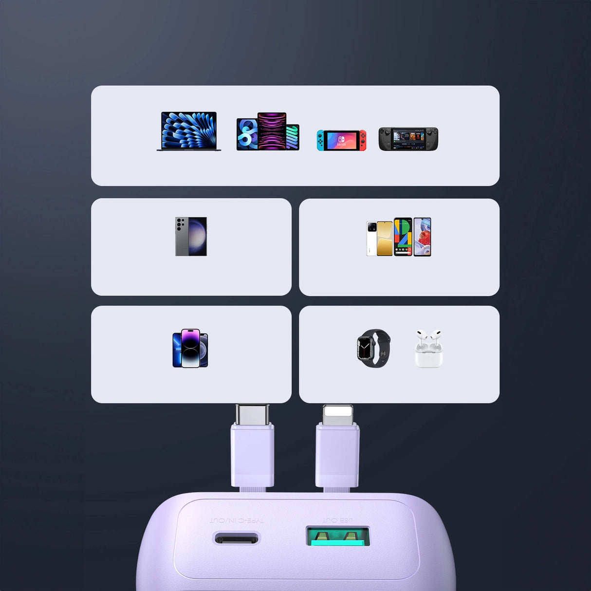 Joyroom JR-PBC06 mini powerbank med indbygget USB-C / Lightning kabler 30W 10000mAh - lilla