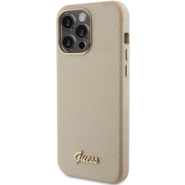 Guess Glitter Glossy Script-hylster til iPhone 15 Pro - guld