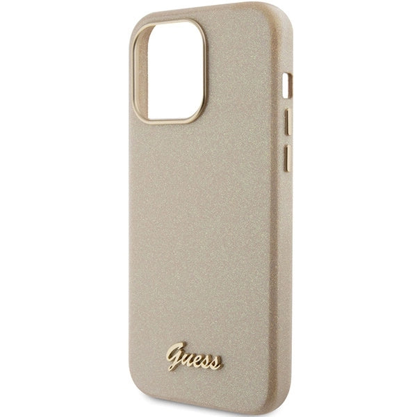Guess Glitter Glossy Script-hylster til iPhone 15 Pro - guld