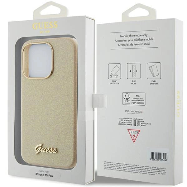 Guess Glitter Glossy Script-hylster til iPhone 15 Pro - guld
