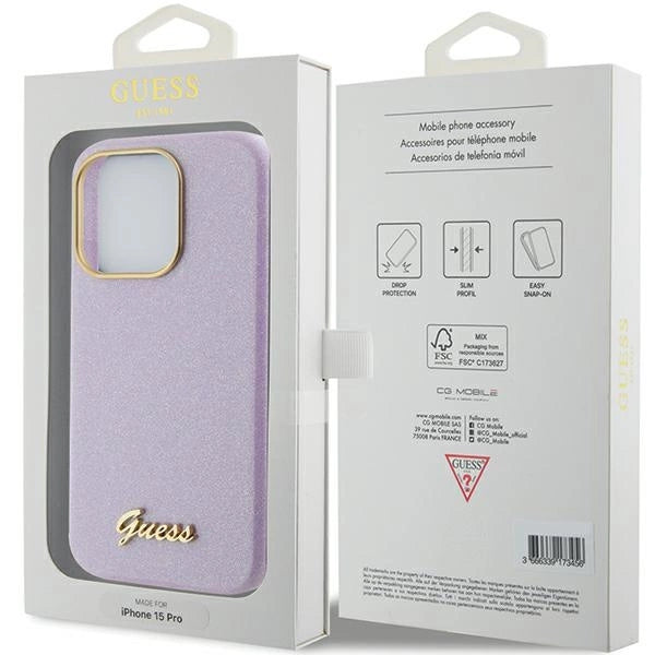 Guess Glitter Glossy Script Case til iPhone 15 Pro - lilla