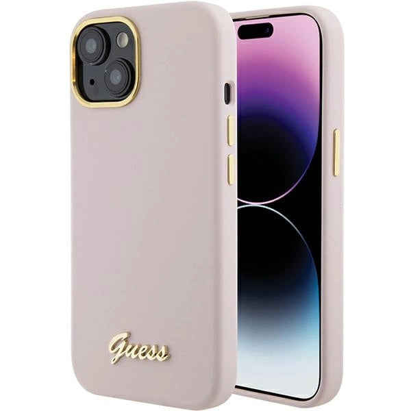 Guess Silicone Script Metal Logo & Frame Case til iPhone 15 - pink