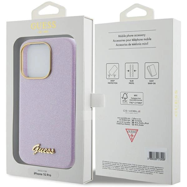 Guess Glitter Glossy Script Case til iPhone 15 Pro Max - lilla