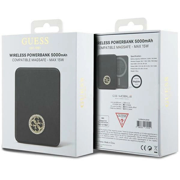 Guess MagSafe 4G Strassed Metal Logo induktion strømbank 15W 5000mAh - sort