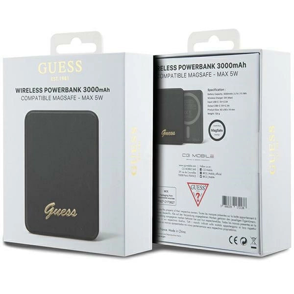 Guess MagSafe Metal Script Logo induktion strømbank 5W 3000mAh - sort