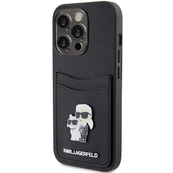 Karl Lagerfeld Saffiano Cardslot Karl&Choupette Metal Pin case for iPhone 15 Pro - black