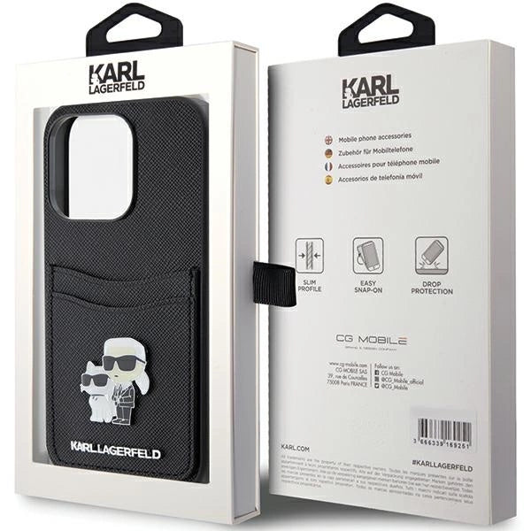 Karl Lagerfeld Saffiano Cardslot Karl&Choupette Metal Pin case for iPhone 15 Pro - black