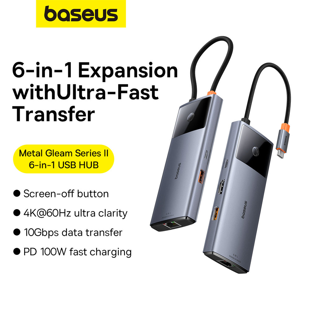 USB HUB 6in1 Baseus Metal Gleam Series II USB-A/USB-C/USB-C PD/HDMI/RJ45 - sort