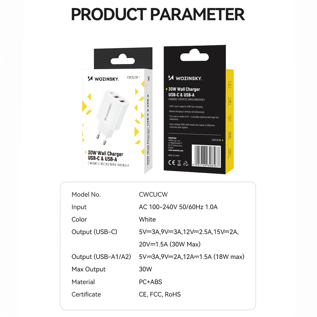 Wozinsky CWCUCW 30W USB-C / 2 x USB-A vægoplader - hvid