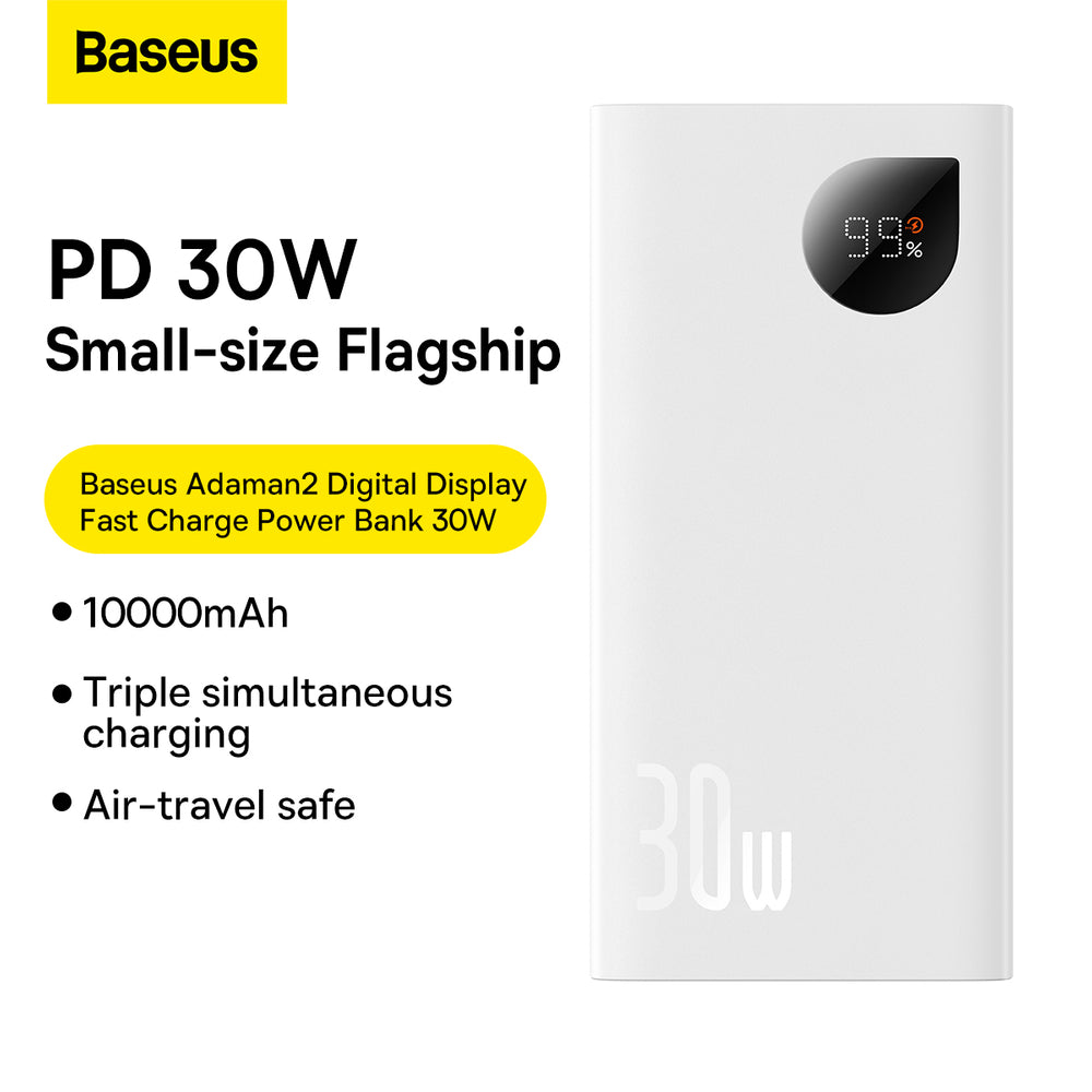 Baseus Adaman2 powerbank med digital skærm 2x USB-A / 1x USB-C 10000mAh 30W - hvid