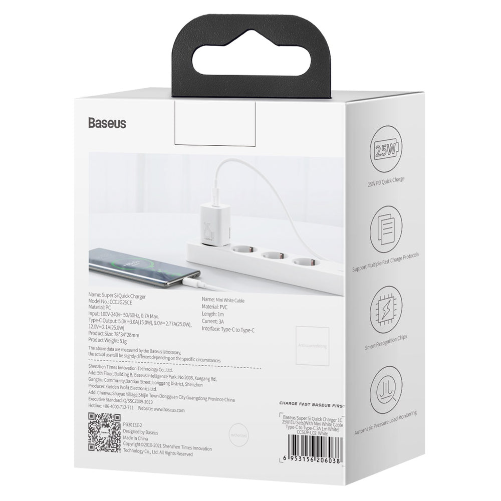 Baseus Si USB-C 25W 3A hurtigoplader med USB-C / USB-C 1m kabel - hvid