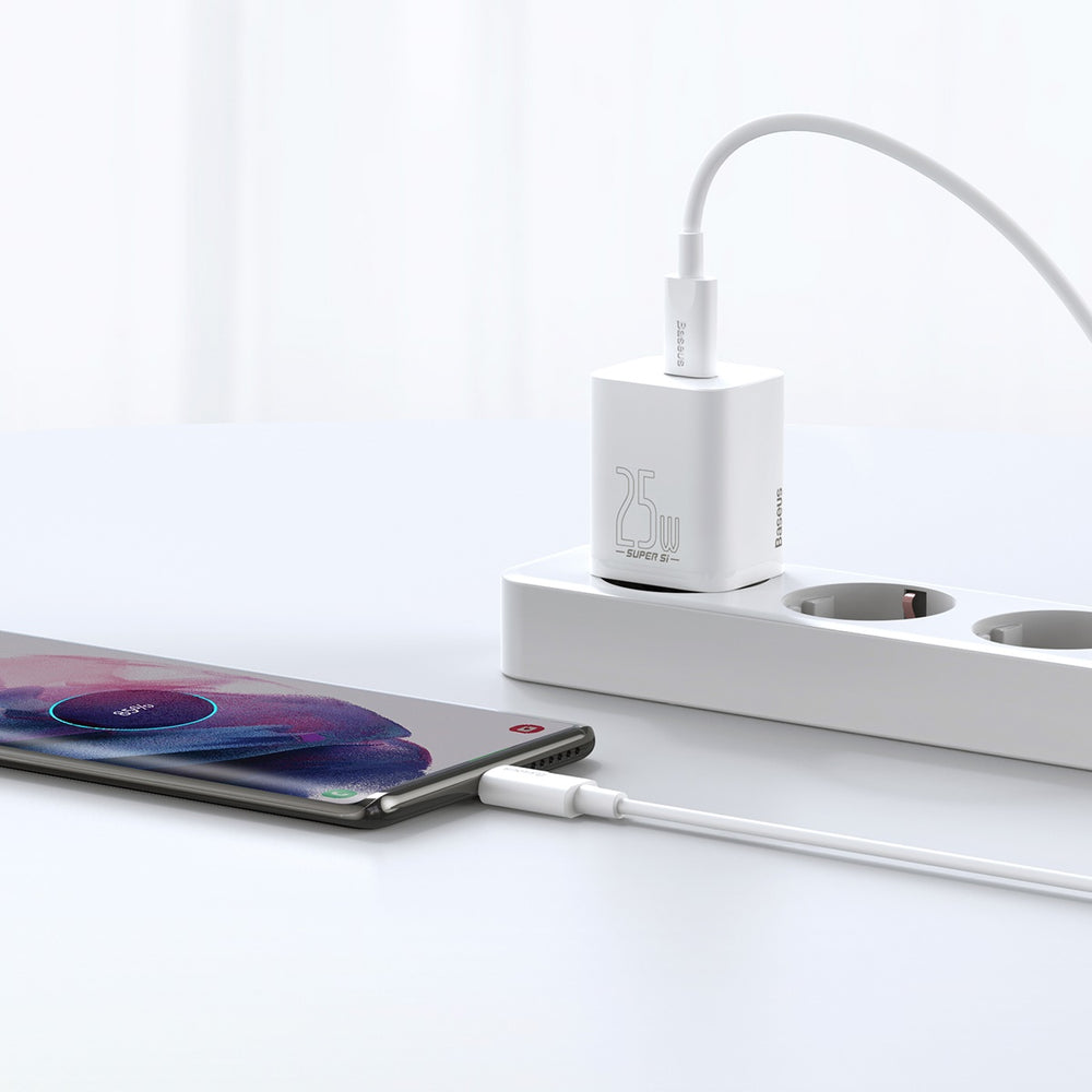 Baseus Si USB-C 25W 3A hurtigoplader med USB-C / USB-C 1m kabel - hvid