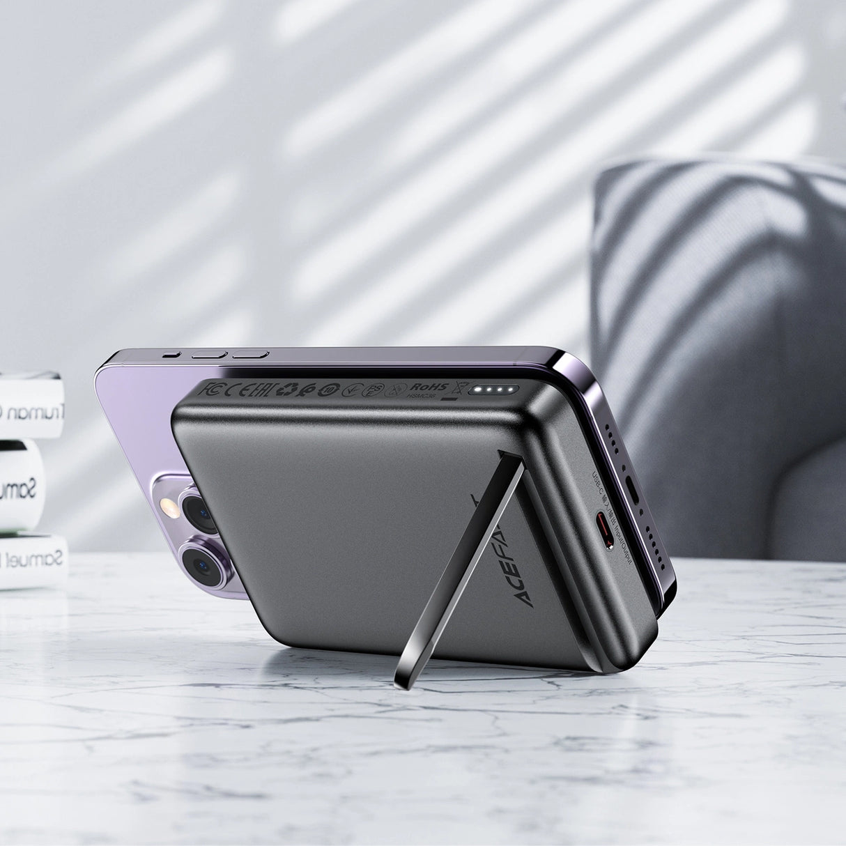 Acefast M6 PD 20W 10000mAh Induktiv Powerbank + Kabel - sort