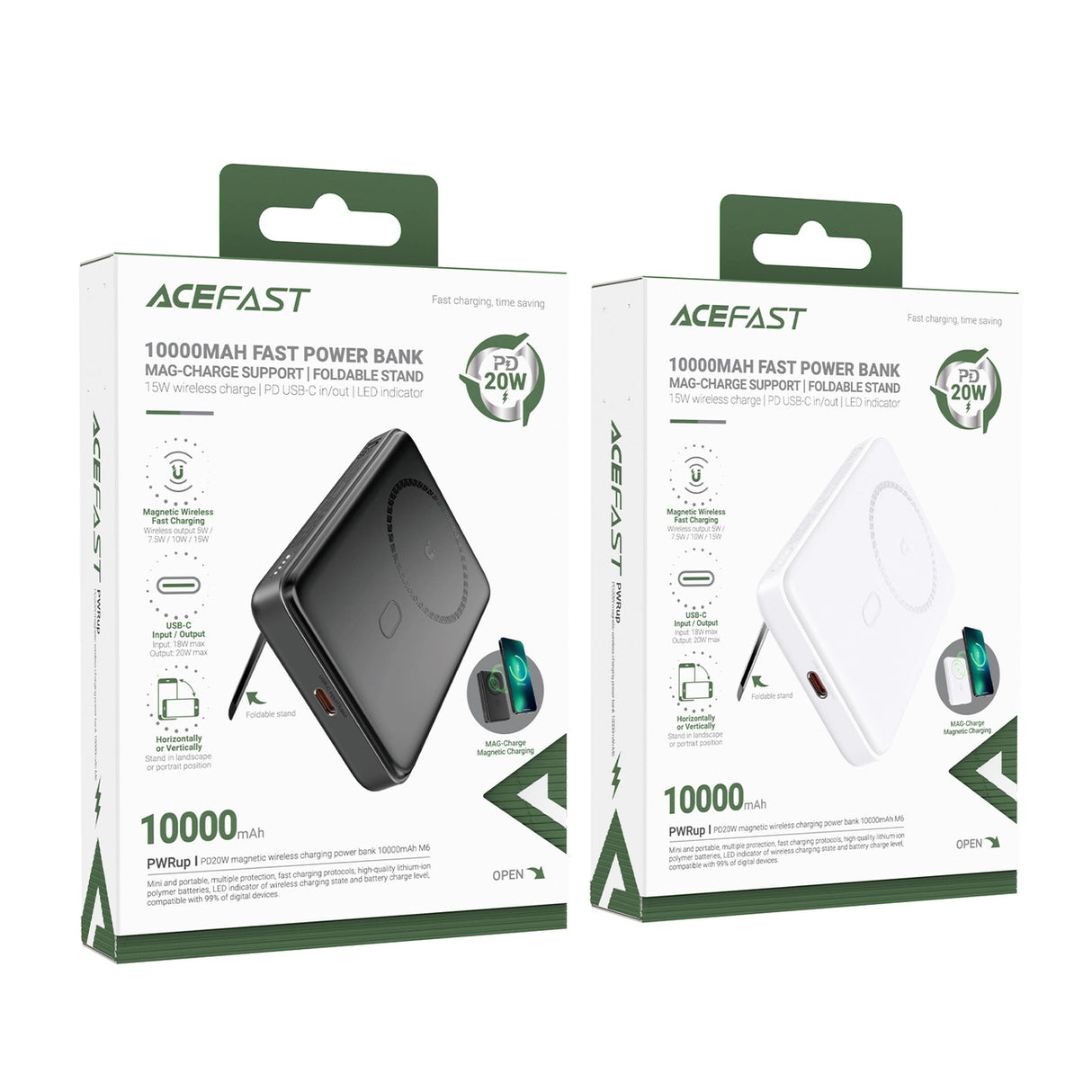 Acefast M6 PD 20W 10000mAh Induktiv Powerbank + Kabel - Hvid