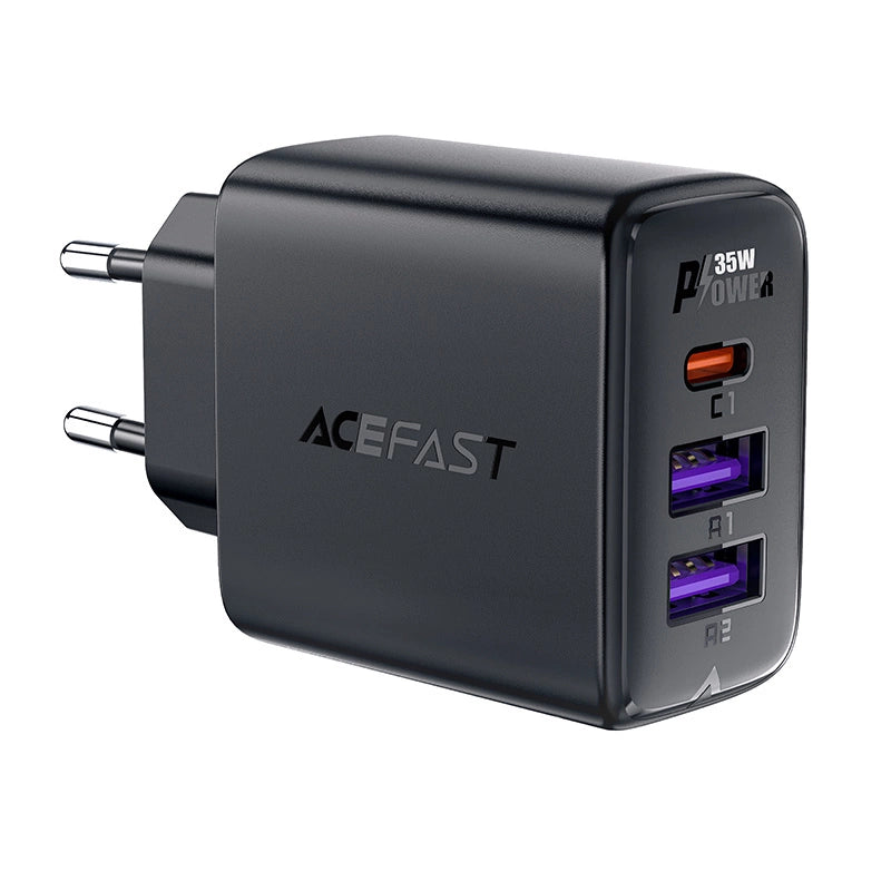 Acefast A57 PD 35W GaN oplader 2 x USB-A + USB-C med 3 porte - sort