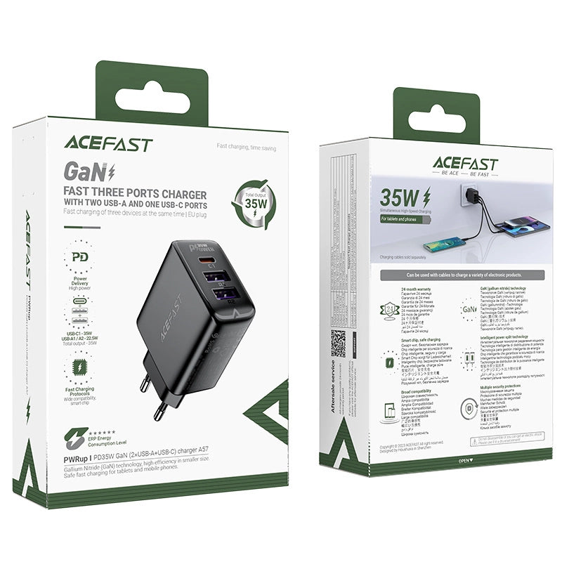 Acefast A57 PD 35W GaN oplader 2 x USB-A + USB-C med 3 porte - sort