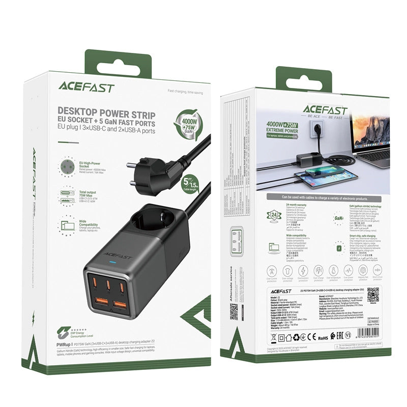 Acefast Z2 GaN 75W PD stationær oplader 3x USB-C 2x USB-A - sort og grå