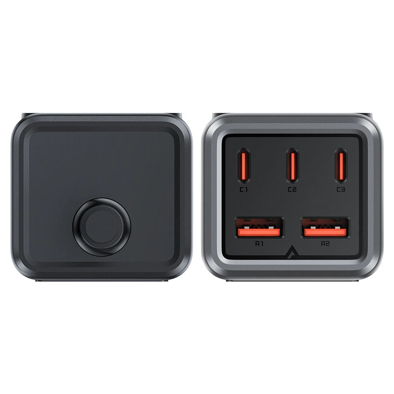 Acefast Z2 GaN 75W PD stationær oplader 3x USB-C 2x USB-A - sort og grå