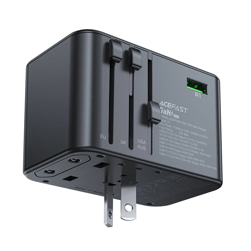 Acefast Z1 GaN 75W PD rejse oplader adapter 3x USB-C 2x USB-A - sort