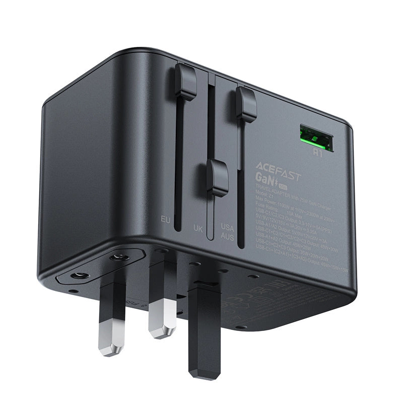 Acefast Z1 GaN 75W PD rejse oplader adapter 3x USB-C 2x USB-A - sort
