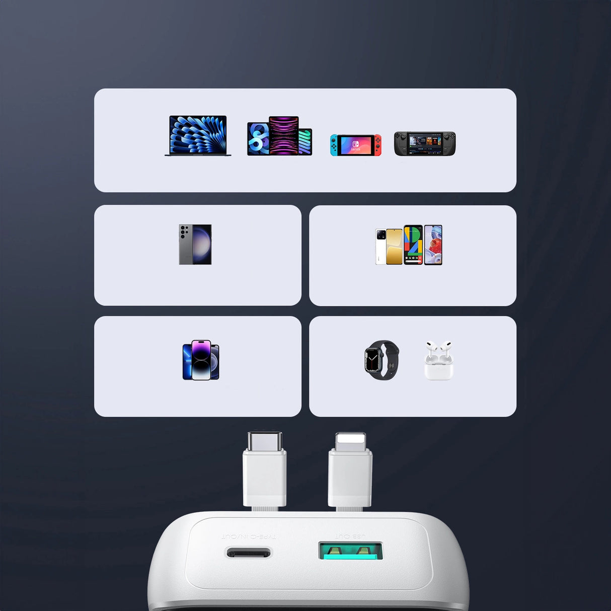 Mini powerbank med indbyggede kabler Joyroom JR-PBC06 30W 10000mAh - hvid