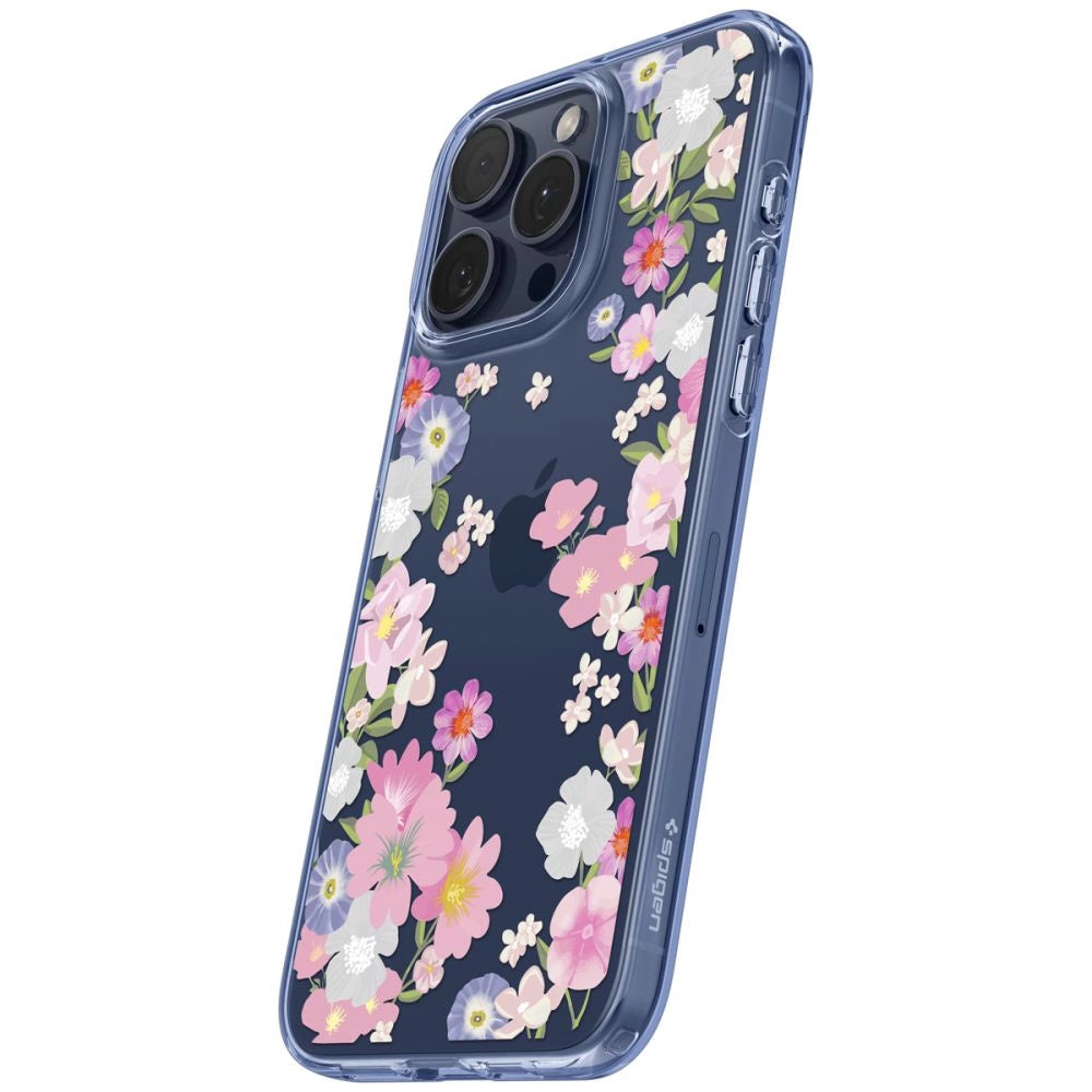 Spigen Liquid Crystal iPhone 15 Pro Case - Pink and Blue Flowers